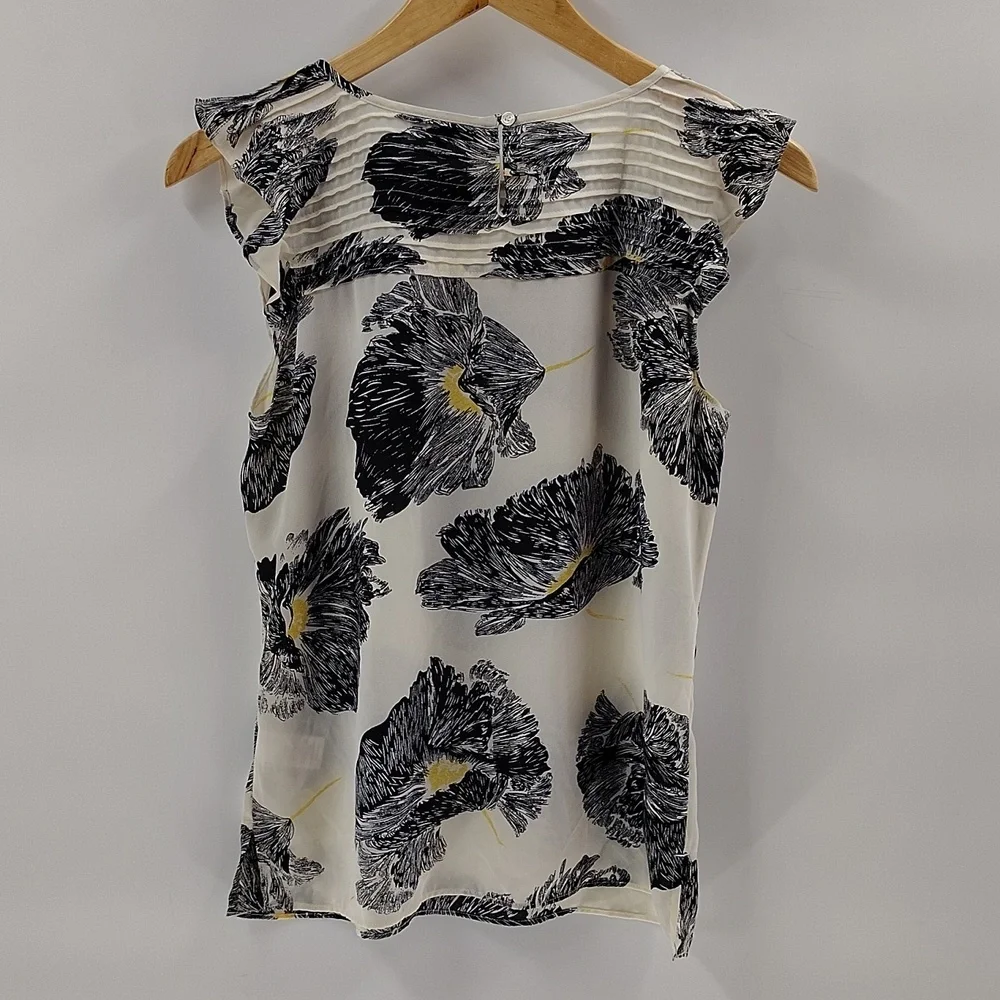Talbots Blouse Size Small Ivory Cream w Black Yellow Poppy Print - Picture 4 of 4